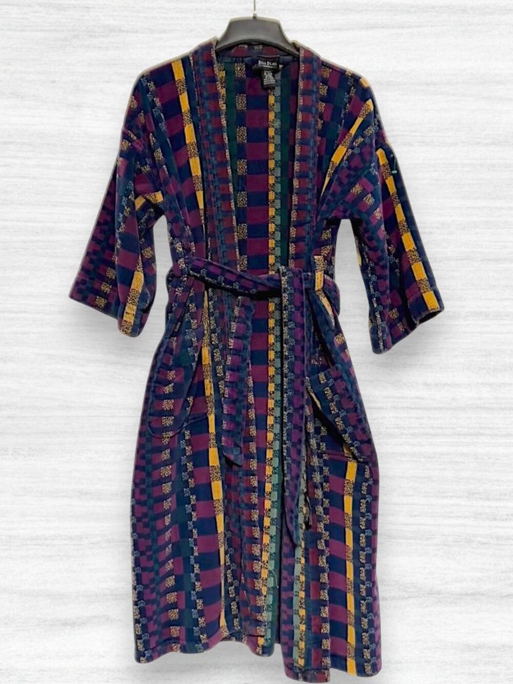 Vintage Bill Blass Mens Cotton Velour Terry Robe Geometric Plaid Burgundy Navy